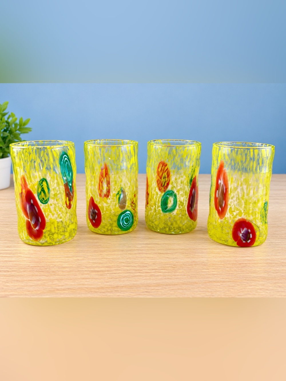 Set of 4 Yellow Millefiori Style Art Glass Tumblers